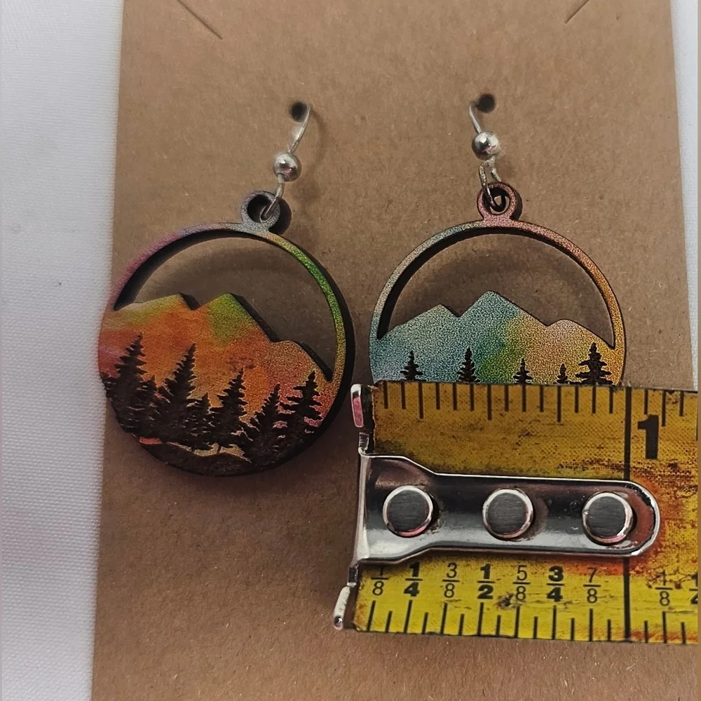 Hand Painted Sunset Mountain Trees Laser Cut Wood Dangle Earrings Round 1" - Picture 7 of 7
